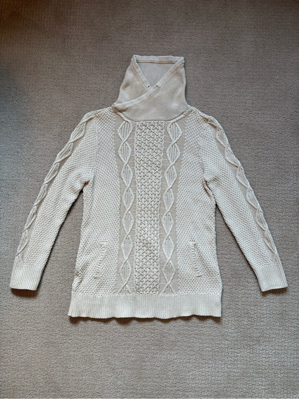 LL Bean Signature Cream Cable Knit Sweater Cowl Funnel Neck